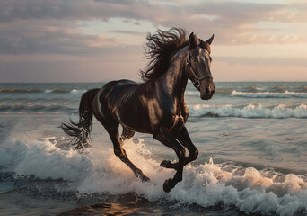 beautiful friesian horse in the sea waves of water at sunset
