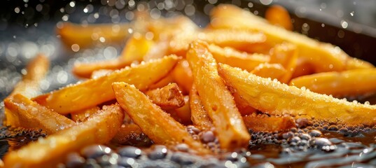 Crispy golden potato chips fried in bubbling oil, seasoned to perfection for a delightful snack - obrazy, fototapety, plakaty