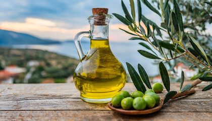 Olive oil in Glass Bottle. Health Benefits of Olive Oil and Mediterranean Diet