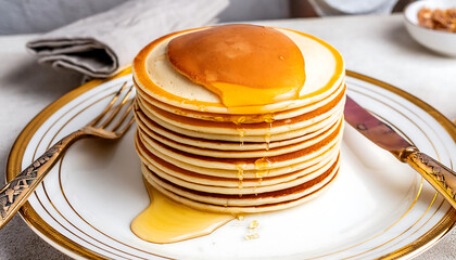 Pancake with honey on Porcelain Plate: Morning Indulgence and Sweet Delight