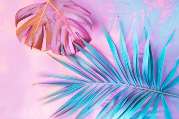 Palm leaf on a pink-blue background. Top view of the minimalistic concept of summer.