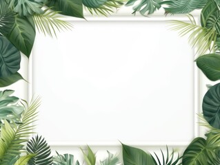 Fototapeta na wymiar White frame background, tropical leaves and plants around the white rectangle in the middle of the photo with space for text