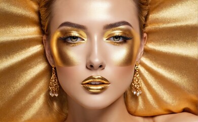 Fashion art golden skin woman portrait closeup. Gold, jewelry, accessories. glamour shiny makeup