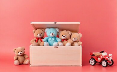 Cute toy box full of baby kid toys. Container with teddy bear, fluffy on light red background