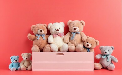 Cute toy box full of baby kid toys. Container with teddy bear, fluffy on light red background