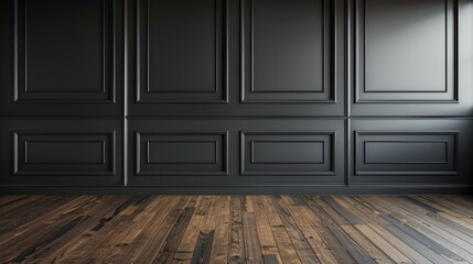 A room with a wooden floor and black panels on the wall in the vintage victorian style. Modern realistic illustration of house decoration with molding frames.