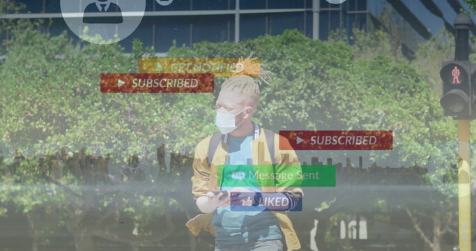 Image of social media notifications over albino man using phone on street - Powered by Adobe