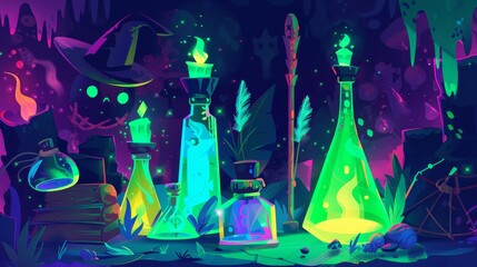 Animated banner of wizards. Landing page of witchcraft and mystery with wooden wand with green glow and sorcerer hat with feathers and pins. - obrazy, fototapety, plakaty