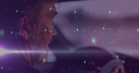 Image of glowing spots over caucasian man driving car and talking
