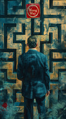 Businessman in a suit facing a Wrong Way sign at the entrance of a large complex maze, representing challenge, decision making, and strategic direction in business and life