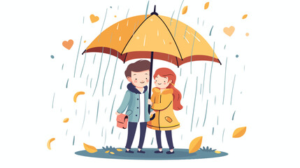 Boy and girl standing in the rain under one big umbre