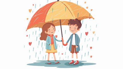 Boy and girl standing in the rain under one big umbre
