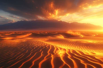 Schilderijen op glas Majestic Sunrise Over Desert Sands, Golden Glow Landscape Scene   © shiyi