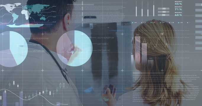 Image of statistics and data processing over diverse doctors