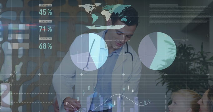 Image of financial graphs and data over caucasian male doctor talking with patients