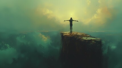 A solitary figure standing on a cliff edge, arms outstretched to the sky, conveying a sense of freedom and exhilaration - obrazy, fototapety, plakaty