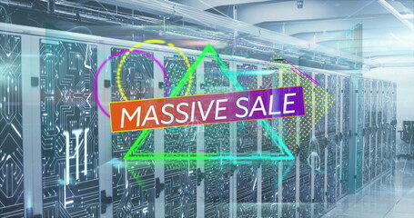 Image of massive sale text banner over abstract neon shapes against computer server room