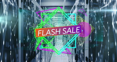 Image of flash sale text banner over abstract neon shapes against computer server room