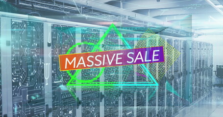 Image of massive sale text banner over abstract neon shapes against computer server room