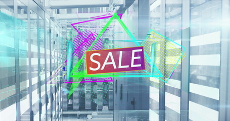 Image of sale text banner over abstract neon shapes against computer server room
