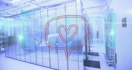 Image of heart shape over speech bubble and mathematical equations against computer server room