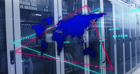 Image of world map over neon triangular shapes against computer server room