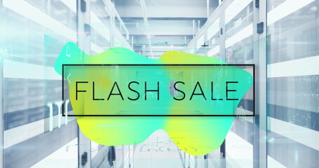 Image of flash sale text over gradient banner and light trails against computer server room
