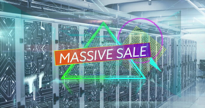 Image of massive sale text banner over abstract neon shapes against computer server room