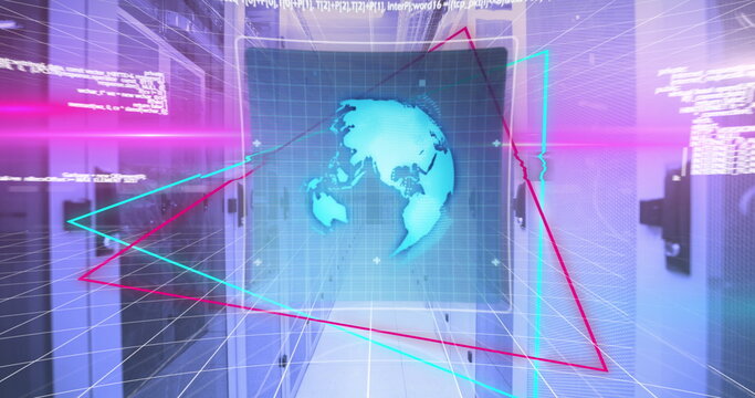 Image of 6g over neon triangular shapes and data processing against computer server room - Powered by Adobe