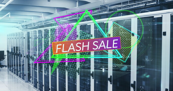 Image of flash sale text banner over abstract neon shapes against computer server room