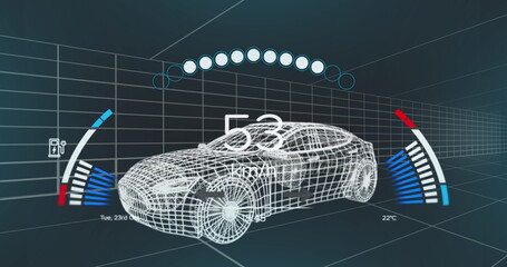 Fototapeta premium Image of speedometer over 3d model of a car moving against blue background