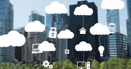Image of digital icons hanging to multiple clouds against tall buildings