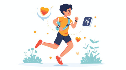 Boy kid jogging using fitness tracker. Athlete child