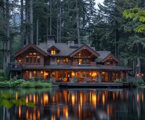 Fototapeta na wymiar Grand house overlooking lake and forest