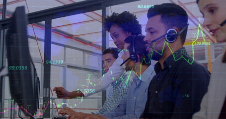 Image of financial data processing over diverse customer care executives working at office