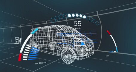 Fototapeta premium Image of speedometer over 3d model of a van moving against blue background