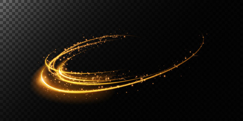 Sparks of dust and golden stars shine with special light. Trace of speed lines. Vector sparks on transparent dark background. Christmas light effect. Sparkling particles of magic dust.	