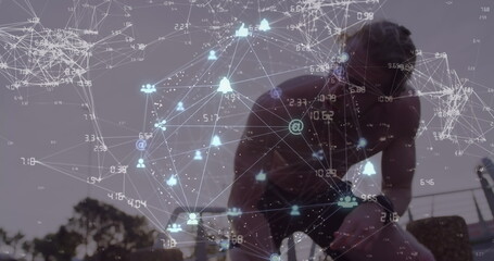 Image of network of connections over caucasian man resting