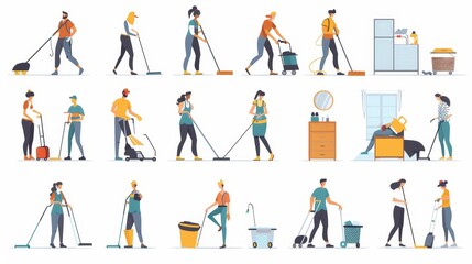 Fototapeta na wymiar Cleaning home with flat characters. Illustration of happy men and women vacuuming, mopping the floor, dusting the furniture and wiping the mirror. Household activities.