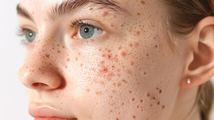 The face of a young woman with problem skin and acne close-up. Acne treatment, rosacea concept.