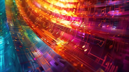 Swirls of music notes across a geometric rainbow-colored backdrop