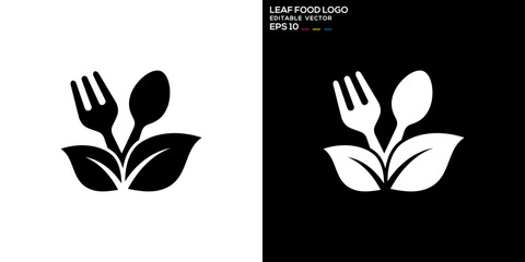 Vector design template of spoon and fork combination with leaf logo, restaurant, equipment, cutlery, vegetables, diet, symbol icon EPS 10