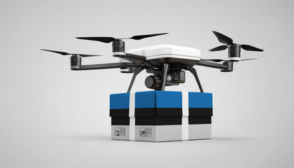 A drone carrying a box with the Estonia flag, symbolizing the future of e-commerce and logistics