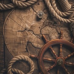 Fototapeta na wymiar Background vintage color of old sail map and rope. 