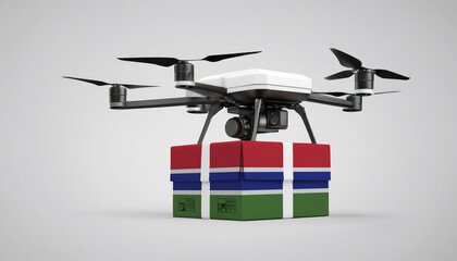 A drone carrying a box with the Gambia flag, symbolizing the future of e-commerce and logistics