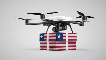 A drone carrying a box with the Liberia flag, symbolizing the future of e-commerce and logistics
