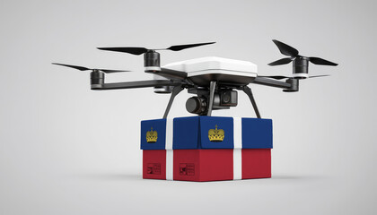 A drone carrying a box with the Liechtenstein flag, symbolizing the future of e-commerce and logistics