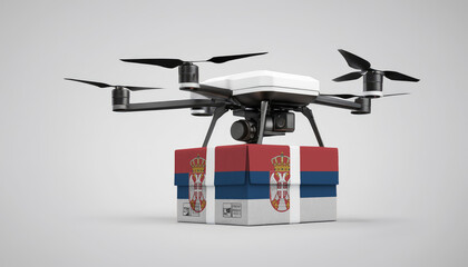 A drone carrying a box with the Serbia flag, symbolizing the future of e-commerce and logistics