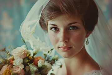Vintage wedding portrait of a young woman, her vibrant bouquet adding a pop of color to the timeless elegance of the scene 06
