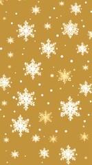 White snowflakes on a gold background, a flat vector illustration in the simple minimalist style of a cute cartoon design with simple shapes